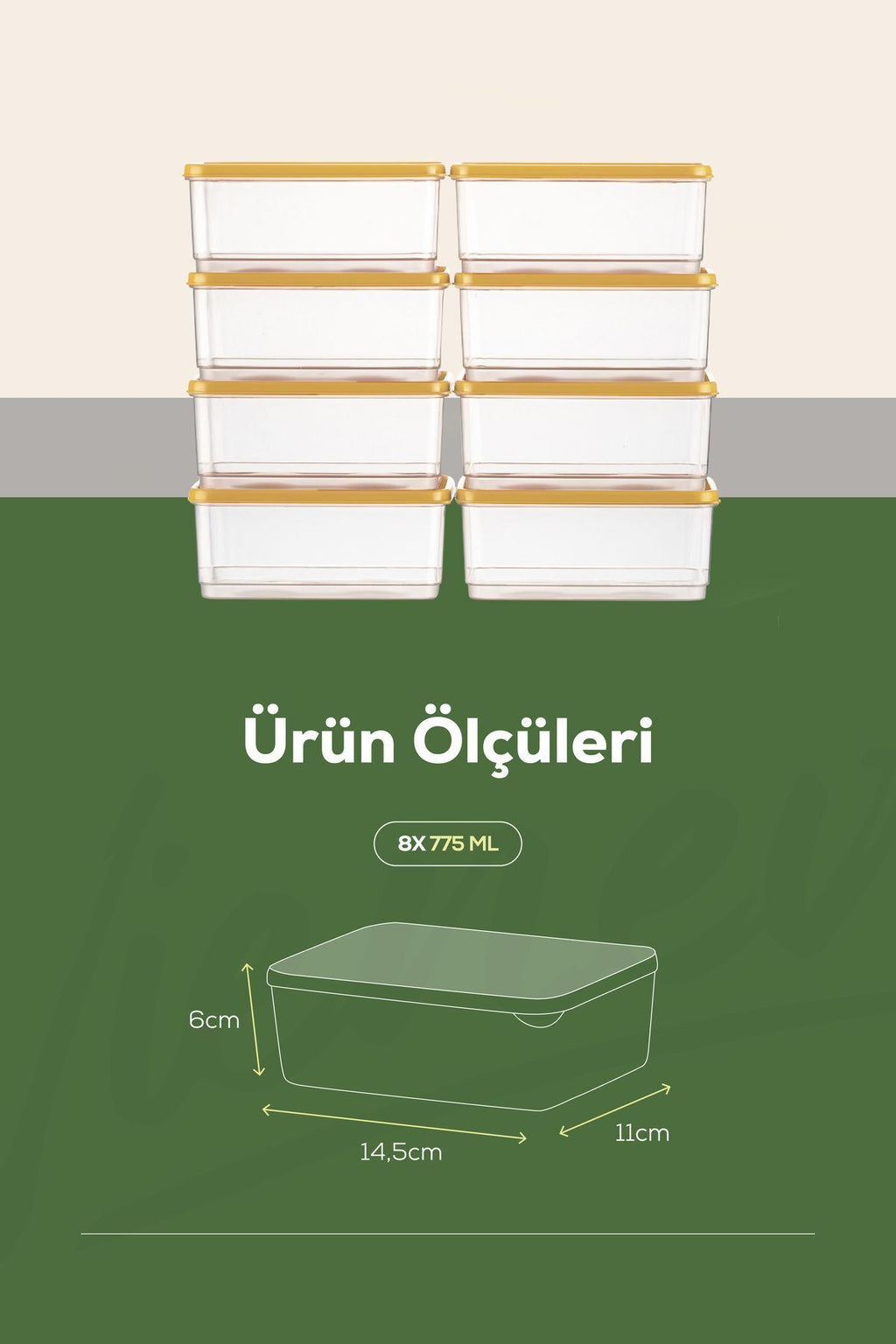8'li Buzdolabı Düzenleyici Organizer Mikrodalgaya Uygun Difriz Saklama Kabı Sarı
