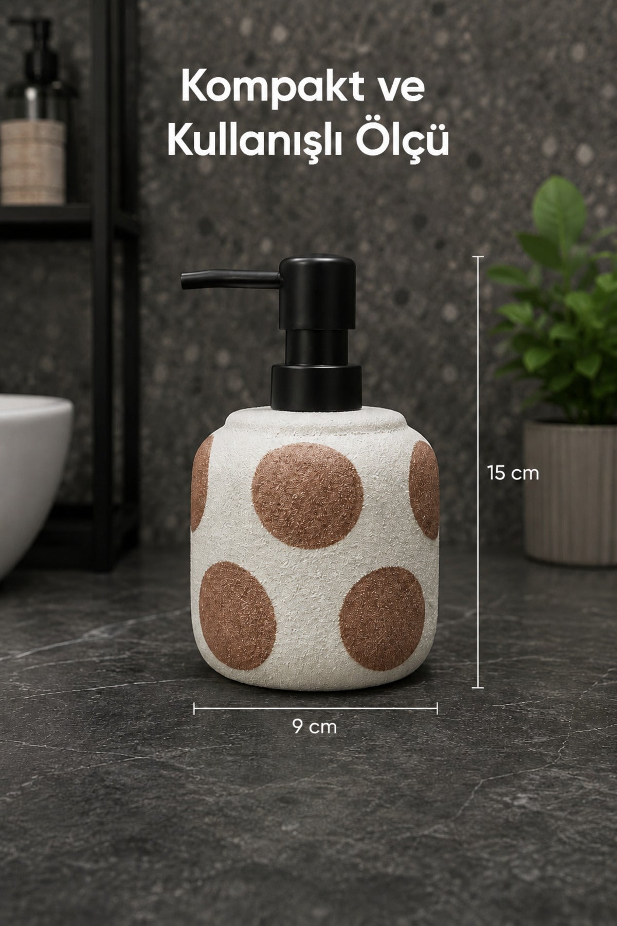 Kahverengi Puantiyeli Seramik Sıvı Sabunluk 380 ml Beyaz Lüks Banyo Mutfak Sıvı Sabunluk