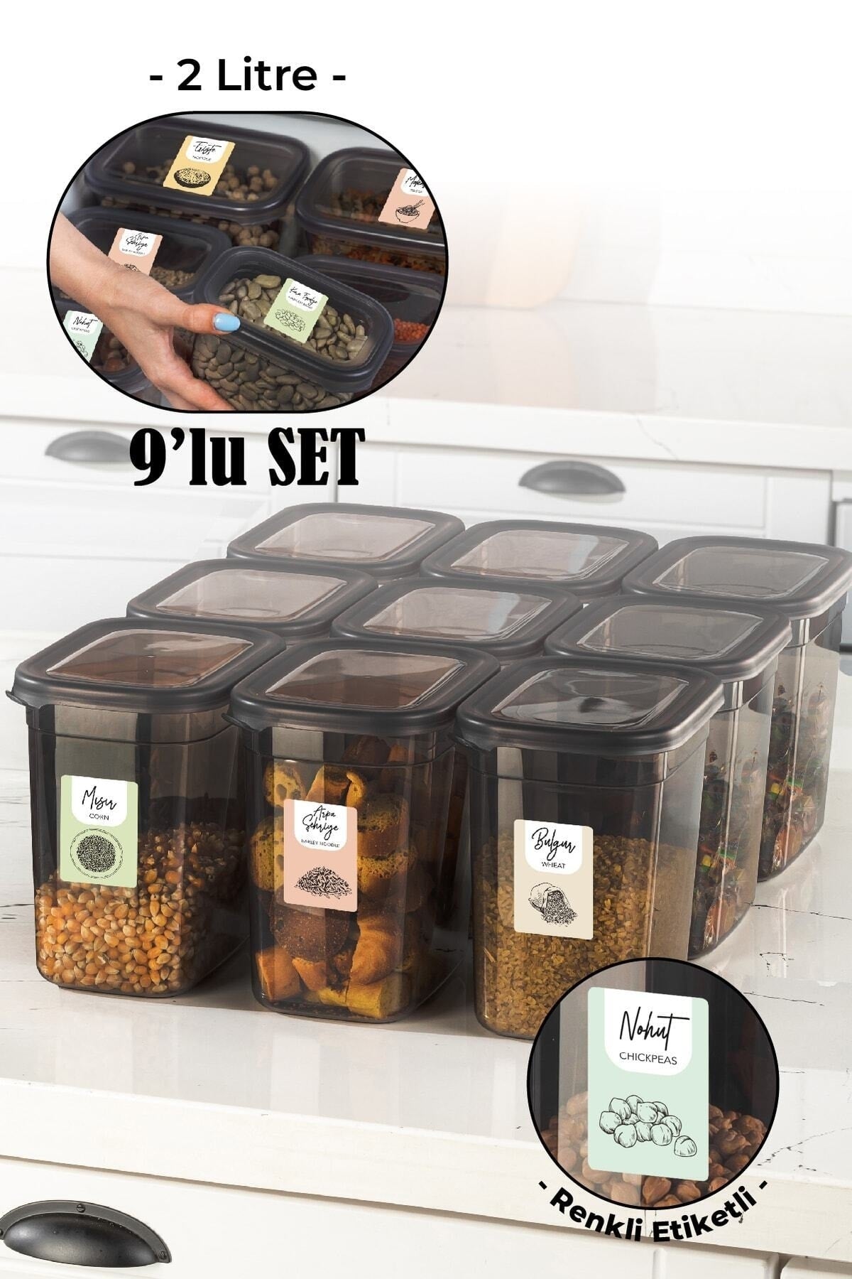 Renkli Etiketli 9lu Set Peggy Dikdörtgen Saklama Kabı 2 Litre Antrasit