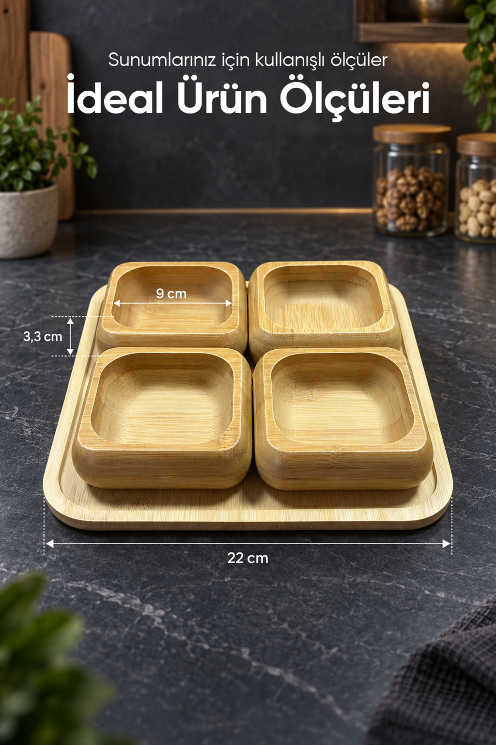 Alt Tablalı 4'lü Kare Bambu Çerezlik Seti 9 cm Kaseli 22 cm Tepsili Sunum ve İkram Servis Takımı