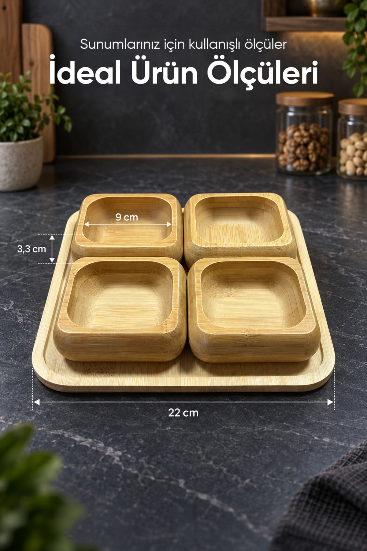 Alt Tablalı 4'lü Kare Bambu Çerezlik Seti 9 cm Kaseli 22 cm Tepsili Sunum ve İkram Servis Takımı
