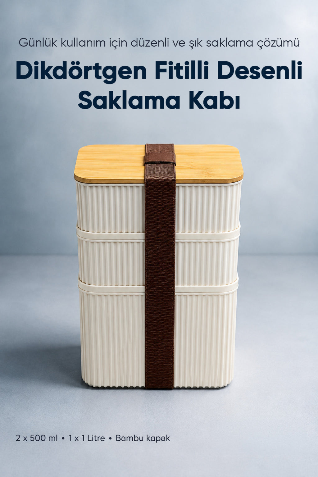 3'lü Dikdörtgen Fitilli Desenli Bantlı Saklama Kabı 2x(500 ml) 1x(1 Litre) Bambu Kapaklı Taşınabilir Beslenme Seti