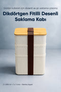 3'lü Dikdörtgen Fitilli Desenli Bantlı Saklama Kabı 2x(500 ml) 1x(1 Litre) Bambu Kapaklı Taşınabilir Beslenme Seti