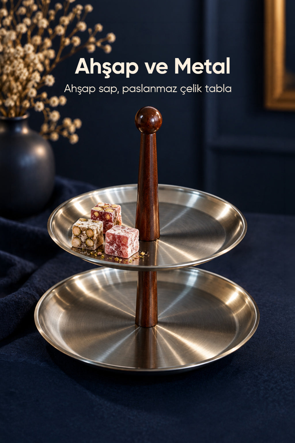 2 Katlı Ahşap Saplı Metal Sunumluk | Servis Standı Kurabiyelik Meyvelik Sunum Tabağı