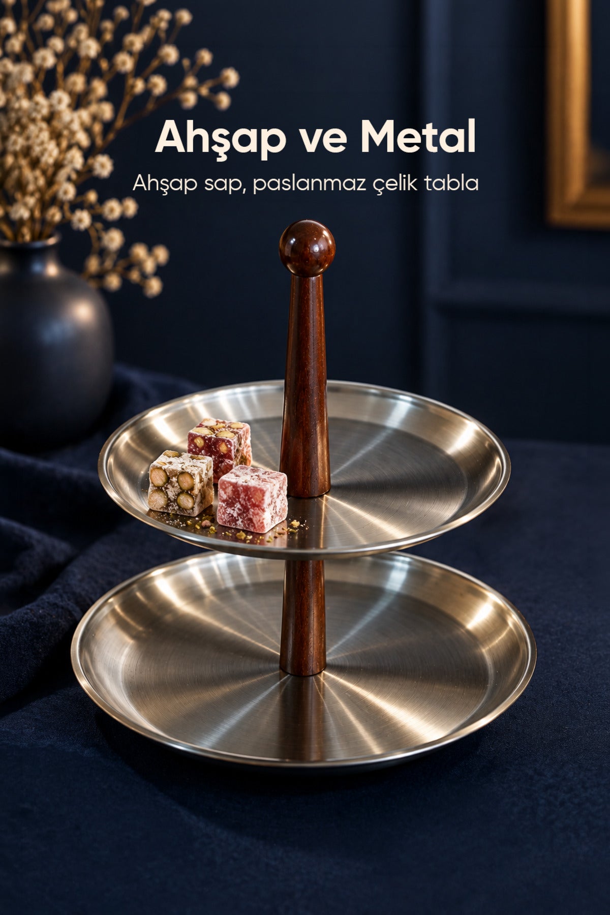 2 Katlı Ahşap Saplı Metal Sunumluk | Servis Standı Kurabiyelik Meyvelik Sunum Tabağı