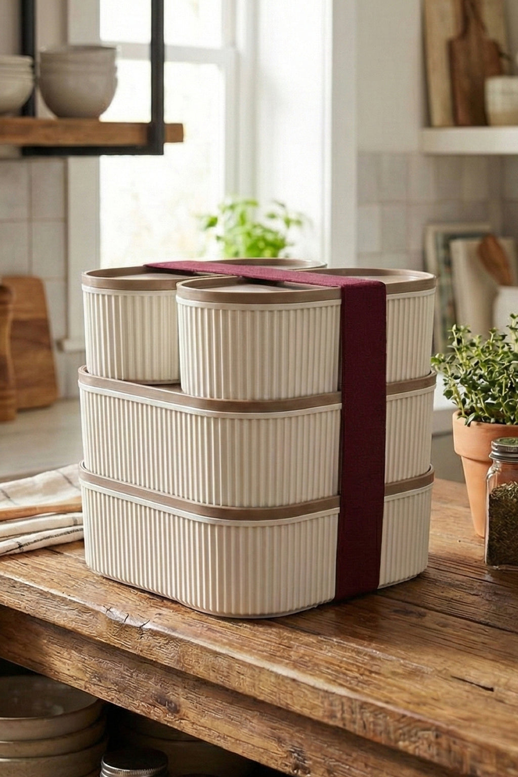 4'lü Elastik Bantlı İstiflenebilir Pratik Saklama Kabı Seti 2x(1100 ml) 2x(2400 ml) Bej