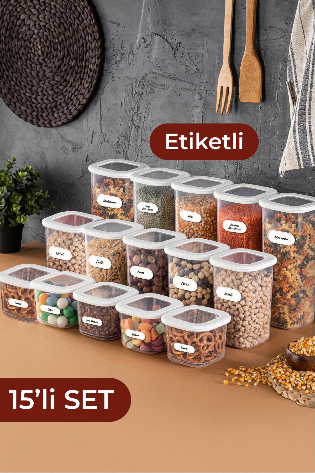 Beyaz Etiketli Kare Erzak Saklama Kabı 15li Set 5x(0,55 Litre, 1,2 Litre, 1,75 Litre)