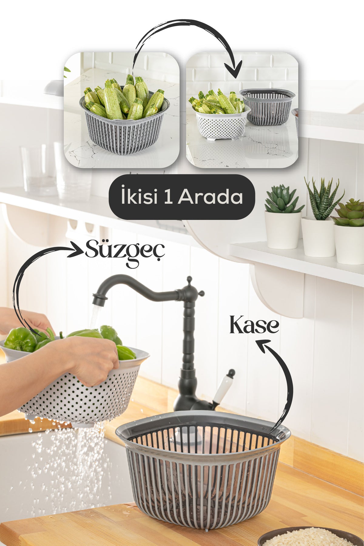 4 Litre Kare Kase Ayrı Süzgeçli Antrasit-Füme