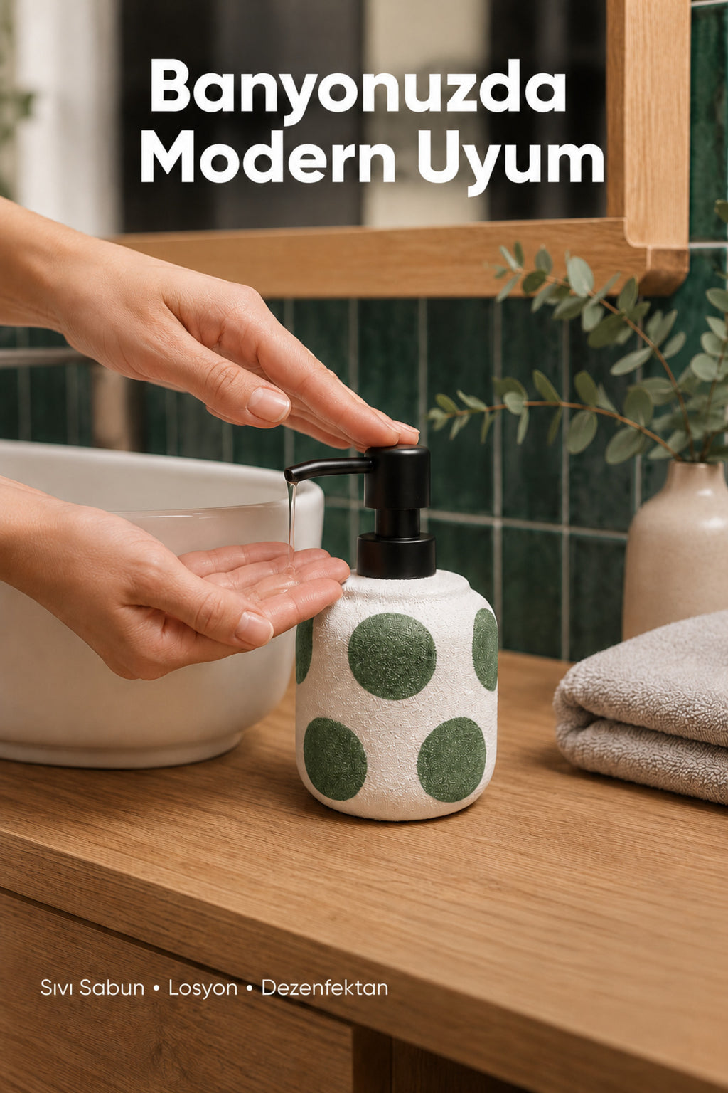 Yeşil Puantiyeli Seramik Sıvı Sabunluk 380 ml Beyaz Lüks Banyo Mutfak Sıvı Sabunluk
