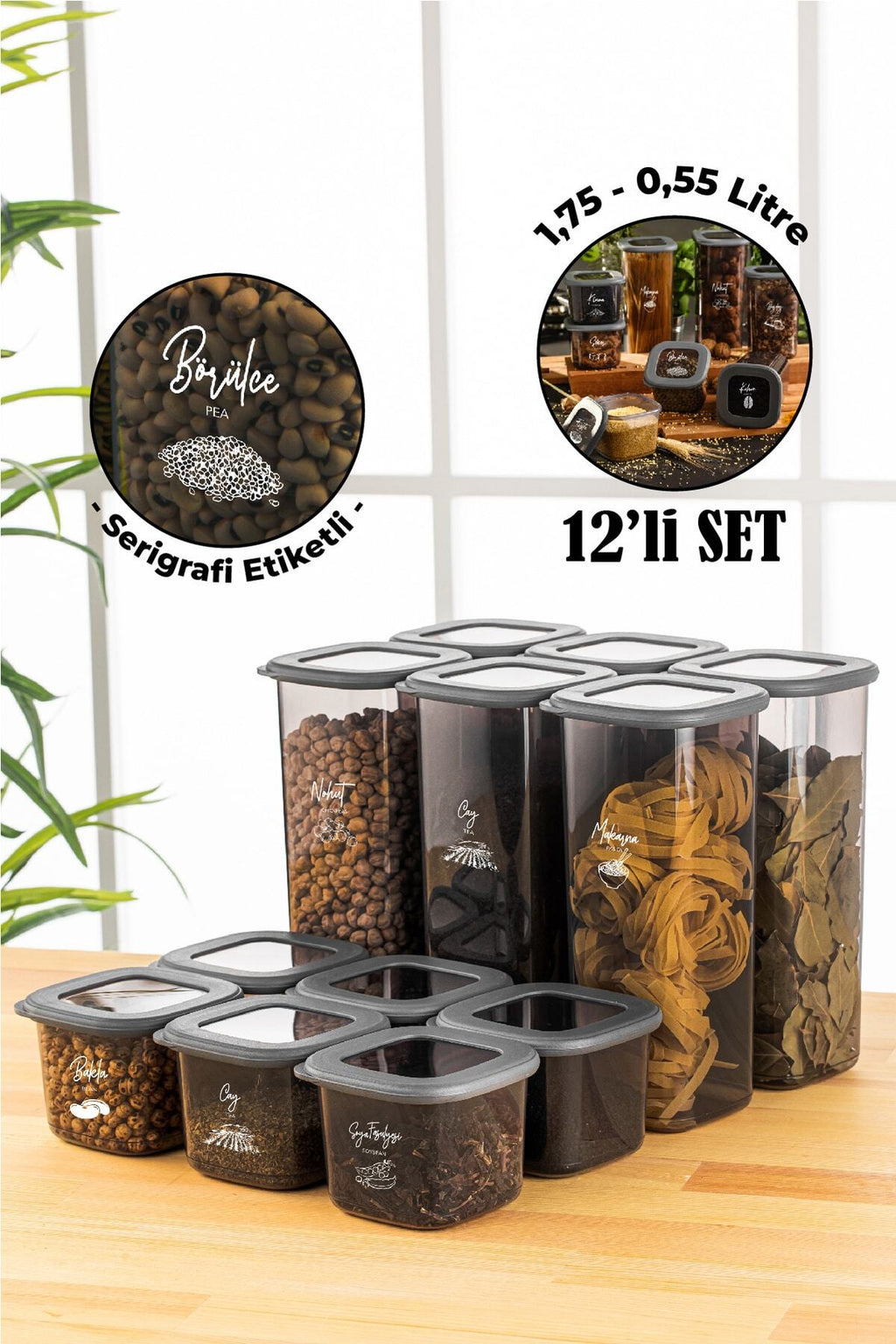 Serigrafi Etiketli 12li Foly Kare Erzak Saklama Kabı 6x(0,55 Litre, 1,75 Litre) Antrasit