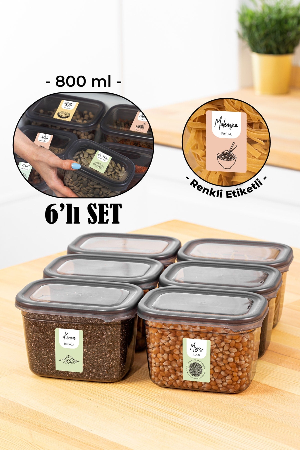 Renkli Etiketli 6lı Peggy Dikdörtgen Saklama Kabı Seti 800 Ml Antrasit