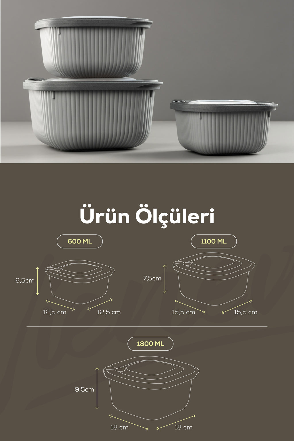 9'lu 3x(600-1100-1800 ML) Mikrodalga Ve Difrize Uygun Vip Kapaklı Özel Saklama Kabı Seti Antrasit