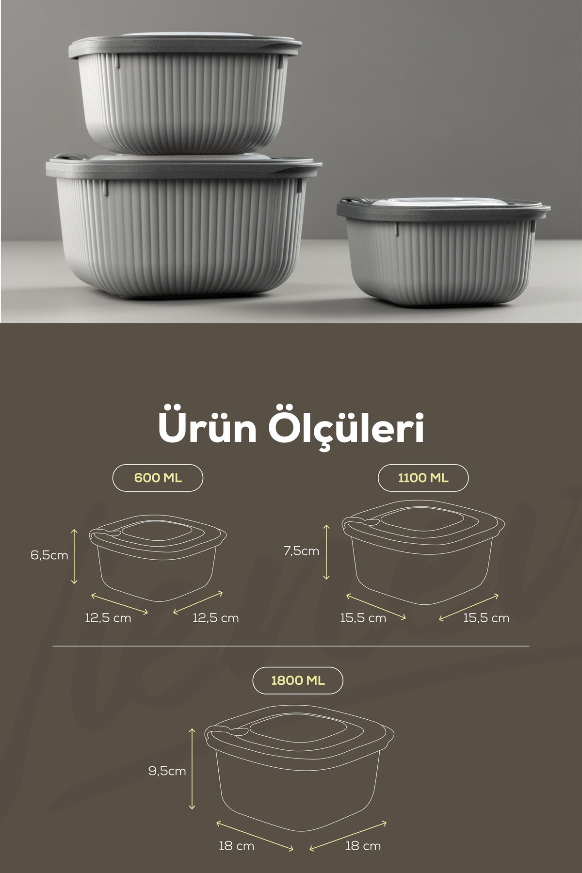 9'lu 3x(600-1100-1800 ML) Mikrodalga Ve Difrize Uygun Vip Kapaklı Özel Saklama Kabı Seti Antrasit