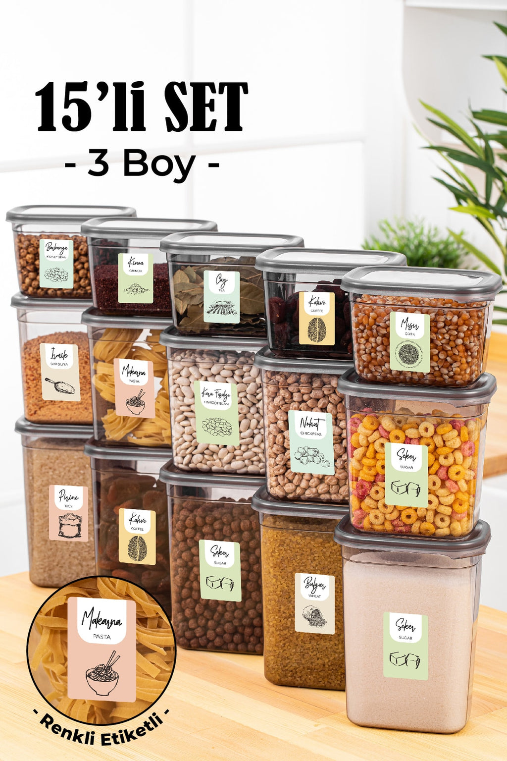 Renkli Etiketli 15li Peggy Dikdörtgen Saklama Kabı Seti 5x(1500-1150-800 Ml) Antrasit