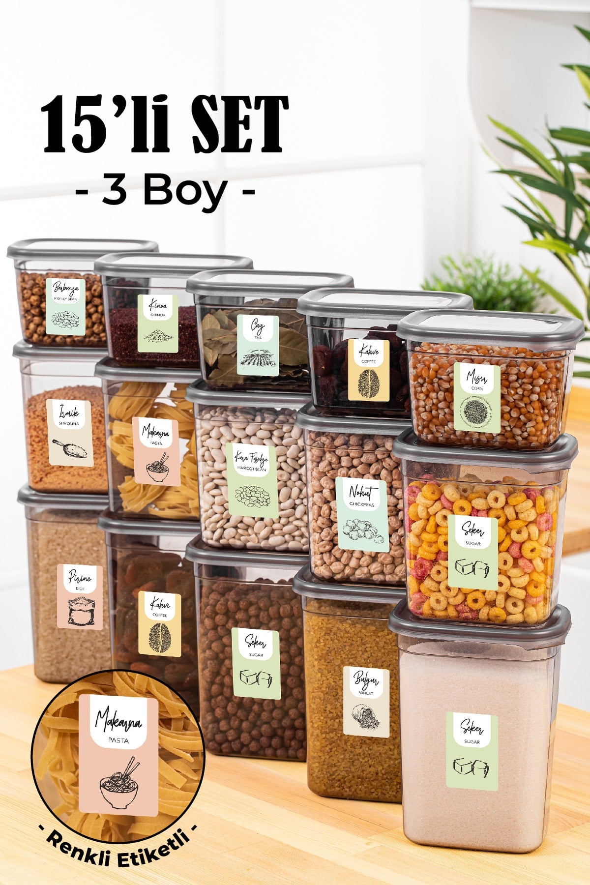 Renkli Etiketli 15li Peggy Dikdörtgen Saklama Kabı Seti 5x(1500-1150-800 Ml) Antrasit