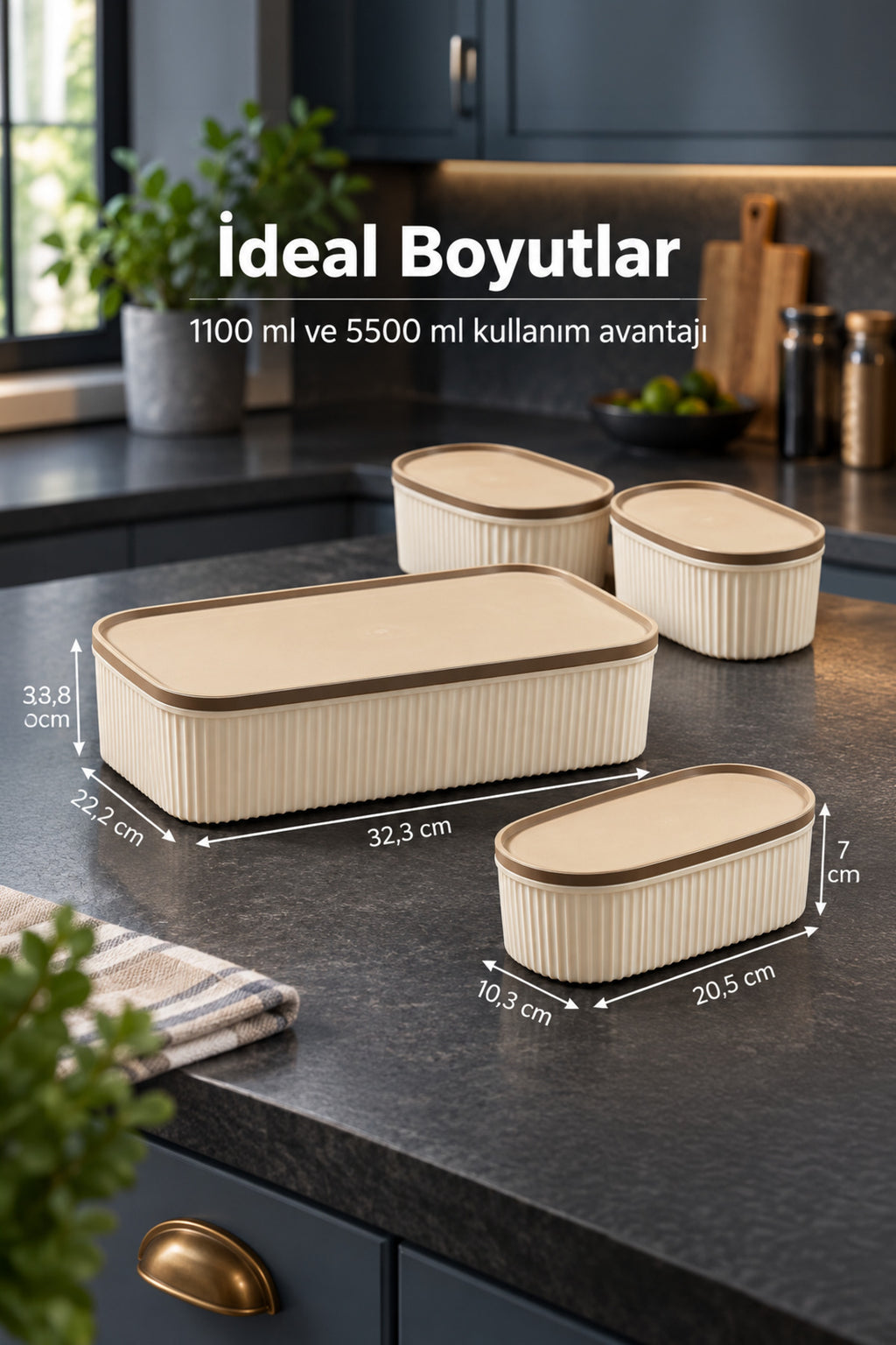 4'lü 3x1100 ml 1x5500 ml Saklama Kabı Seti Mutfak ve Buzdolabı Düzenleyici