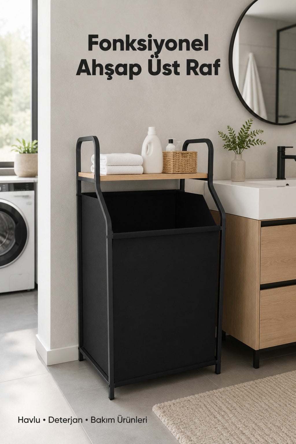 Metal Gövdeli Ahşap Raflı Banyo Düzenleyici - Kumaş Kirli Sepeti