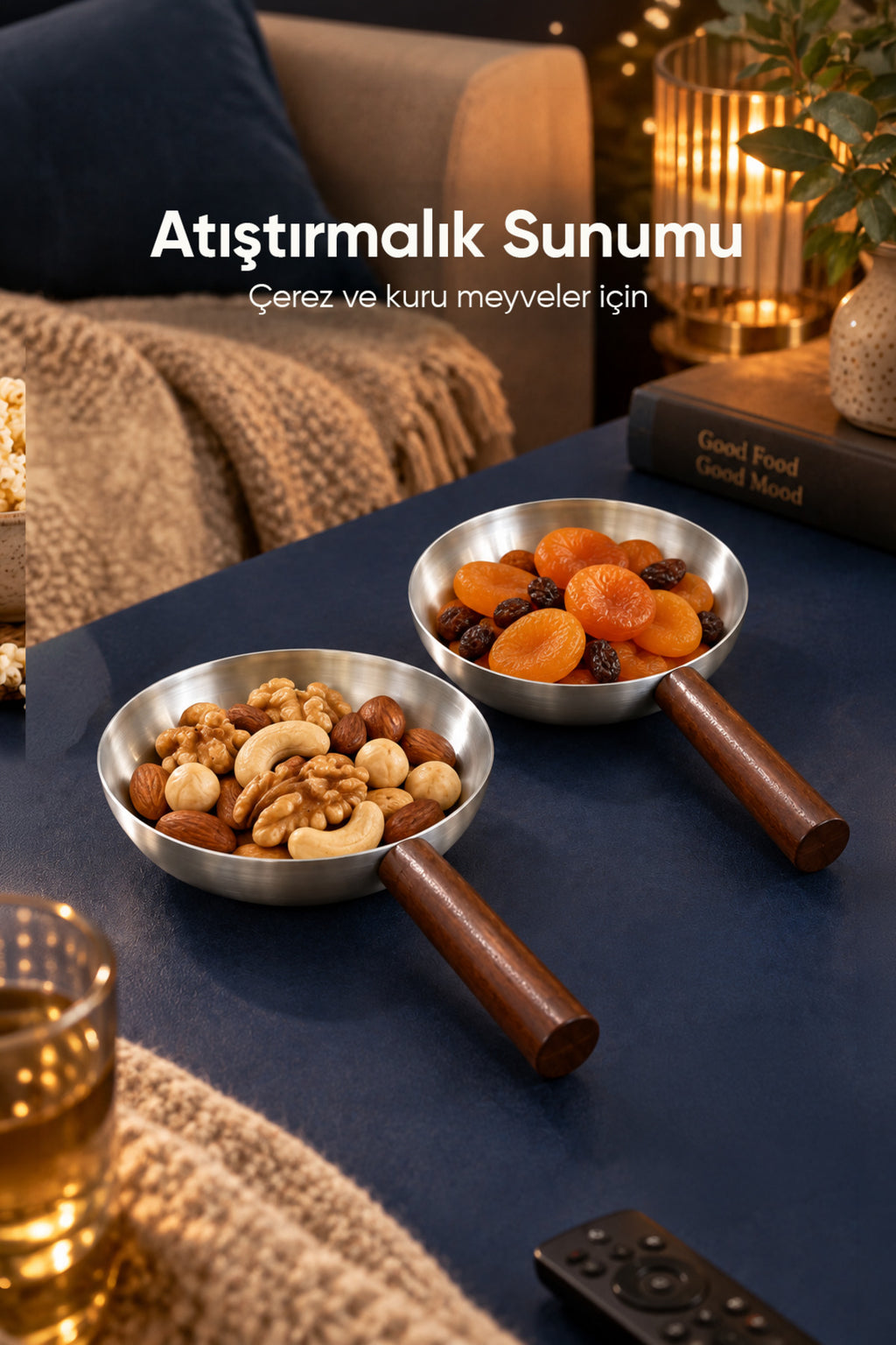 2'li Ahşap Saplı Metal Sunum Tabağı | Mini Sosluk Çerezlik İkramlık Servis Tabağı Sunumluk Seti