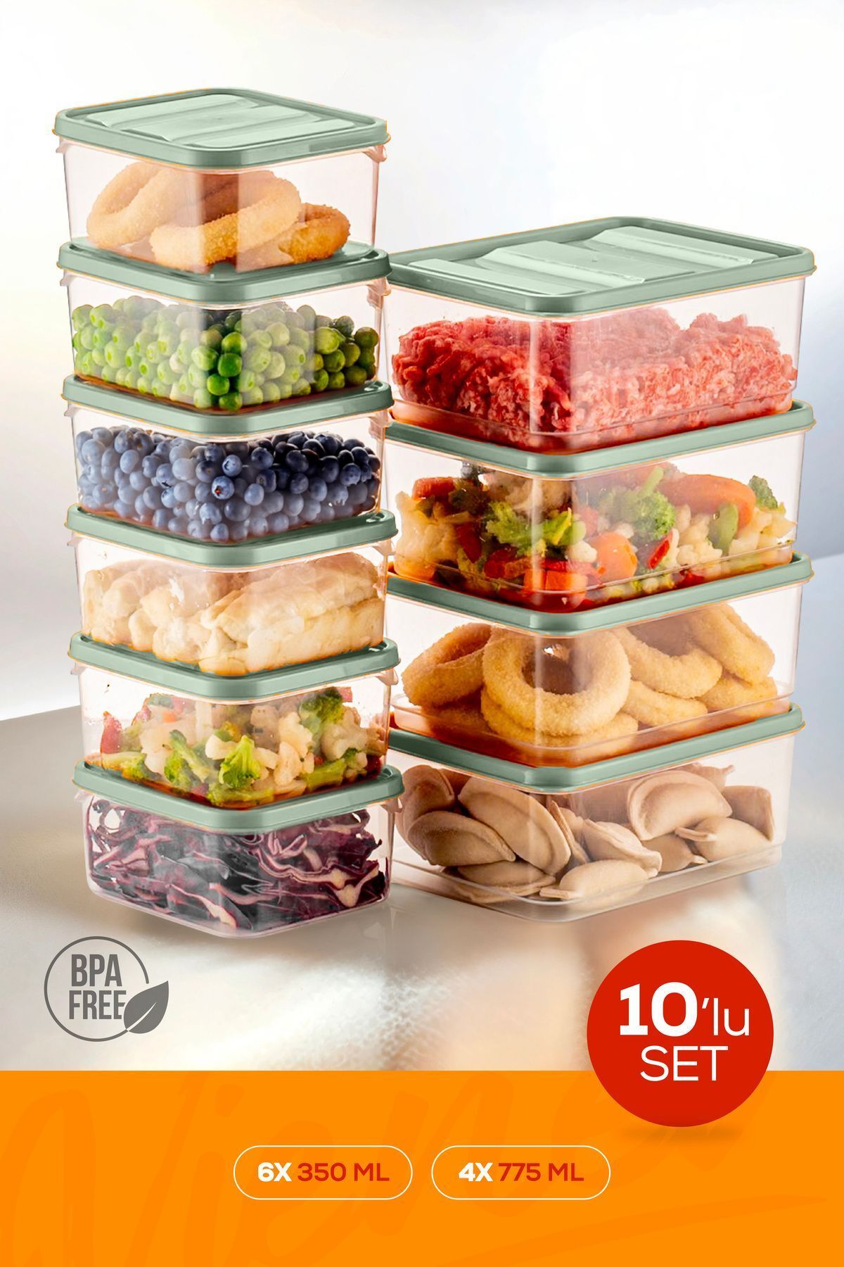 10'lu Buzdolabı Düzenleyici Organizer Mikrodalgaya Uygun Difriz Saklama Kabı Mint