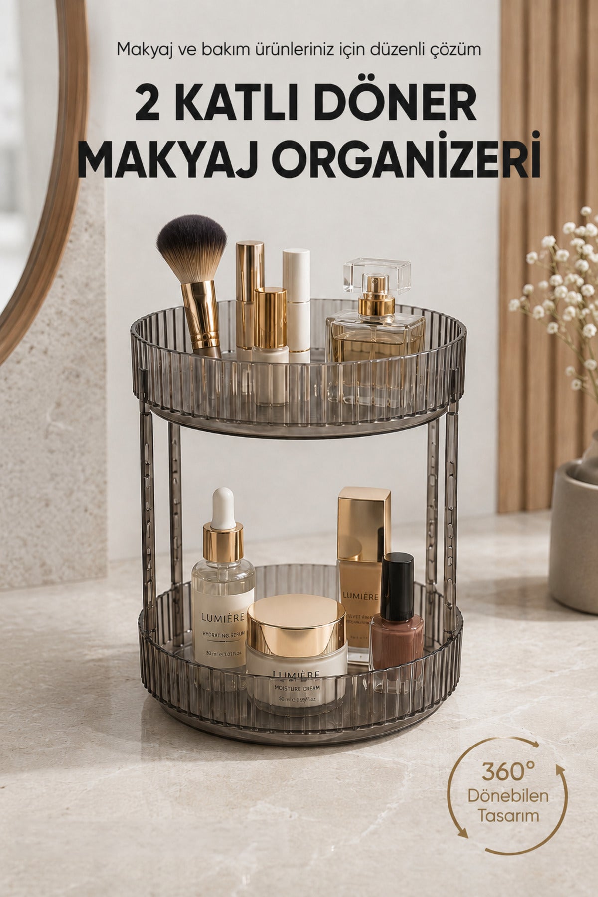 2 Katlı Döner Makyaj Organizeri Antrasit Çok Amaçlı Kozmetik Düzenleyici Banyo Tezgah Üstü Stand