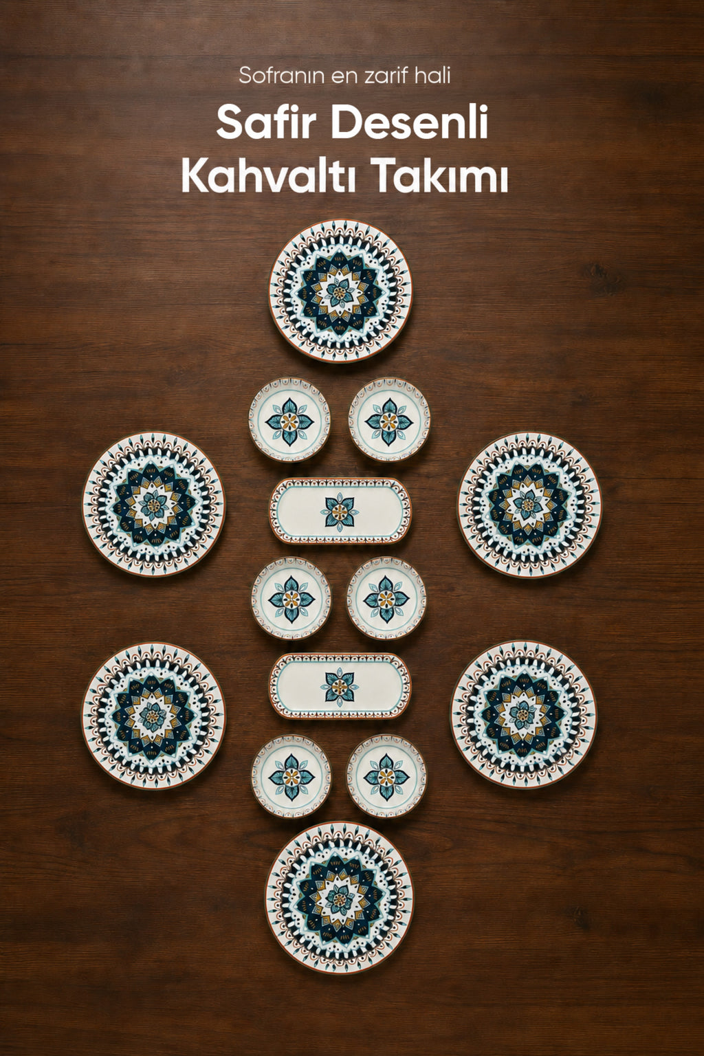 Safir Desenli 14 Parça 6 Kişilik Seramik Kahvaltı Takımı Servis Sunum Tabaklı Dekoratif Sofra Seti