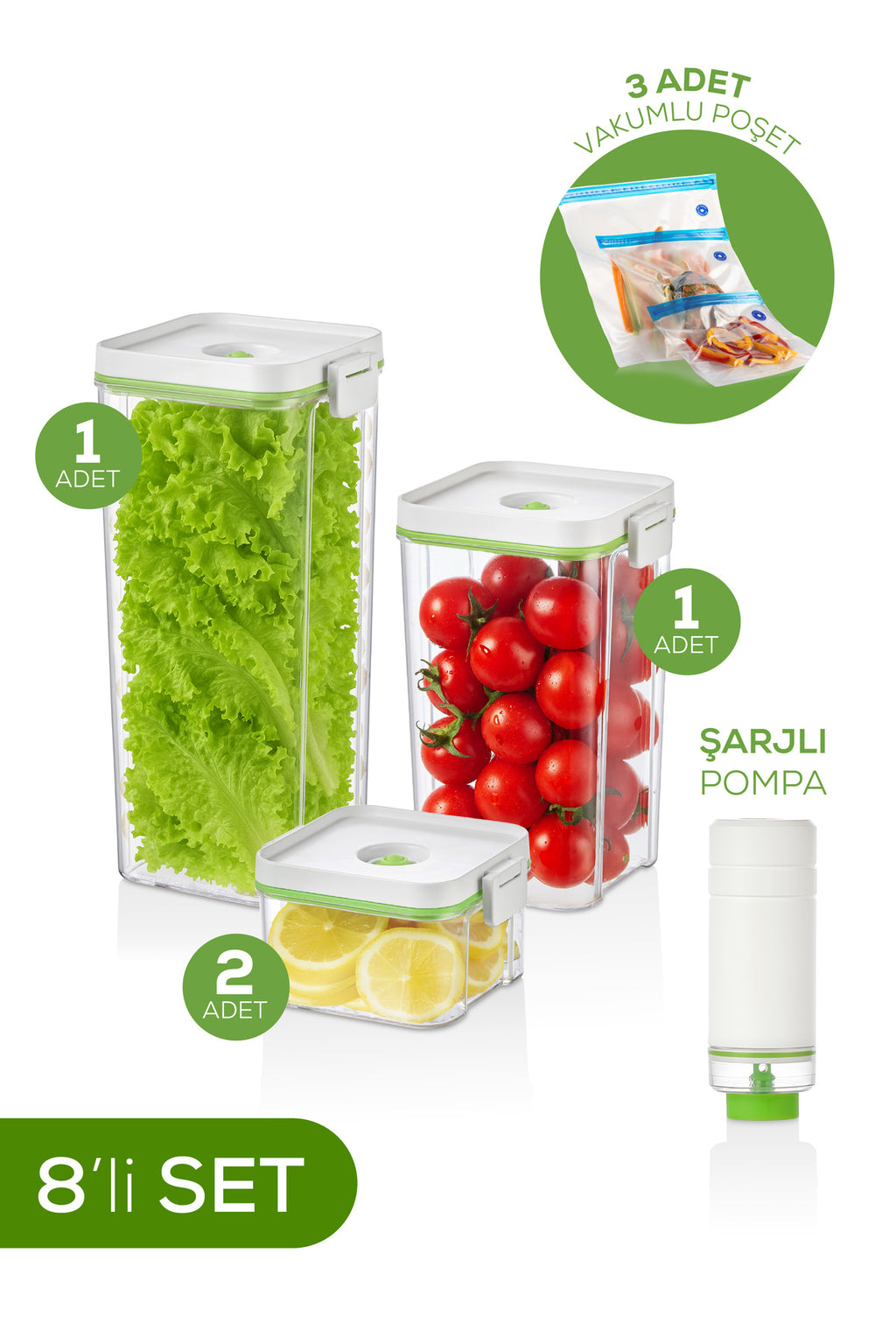 8'li Vakumlu Saklama Kabı Seti | 1x(2 lt-1,3 lt) 2x(0,5 lt) Kap + Şarjlı Pompa + 3x Vakumlu Poşet