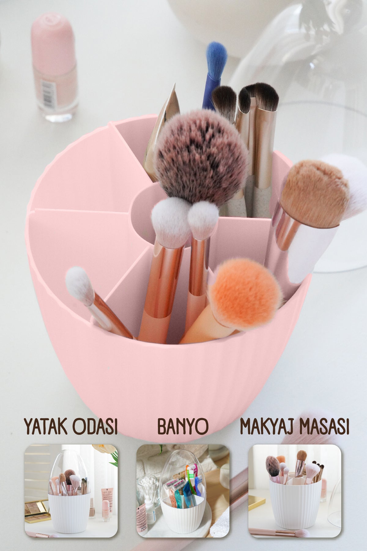 2'li Fanus Kapaklı 7 Bölmeli Makyaj Organizeri Pembe