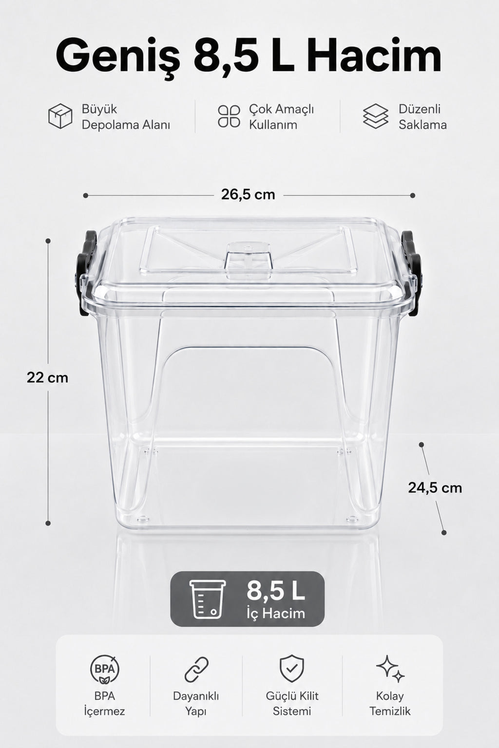 8,5 L Şeffaf Plastik Saklama Kabı 2'li Set Düzenleyici Kutu Kapaklı Erzak Kabı