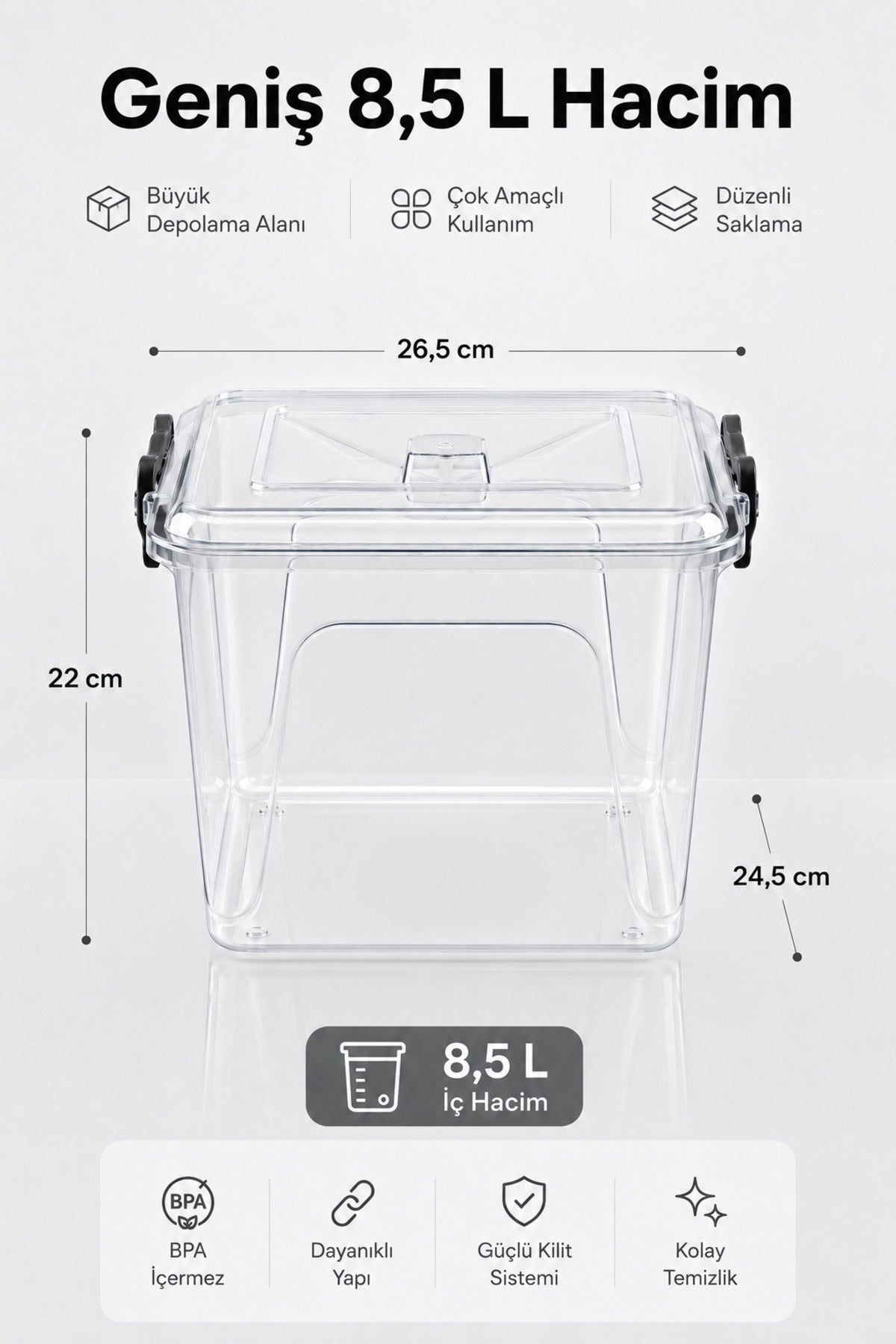 8,5 L Şeffaf Plastik Saklama Kabı 2'li Set Düzenleyici Kutu Kapaklı Erzak Kabı