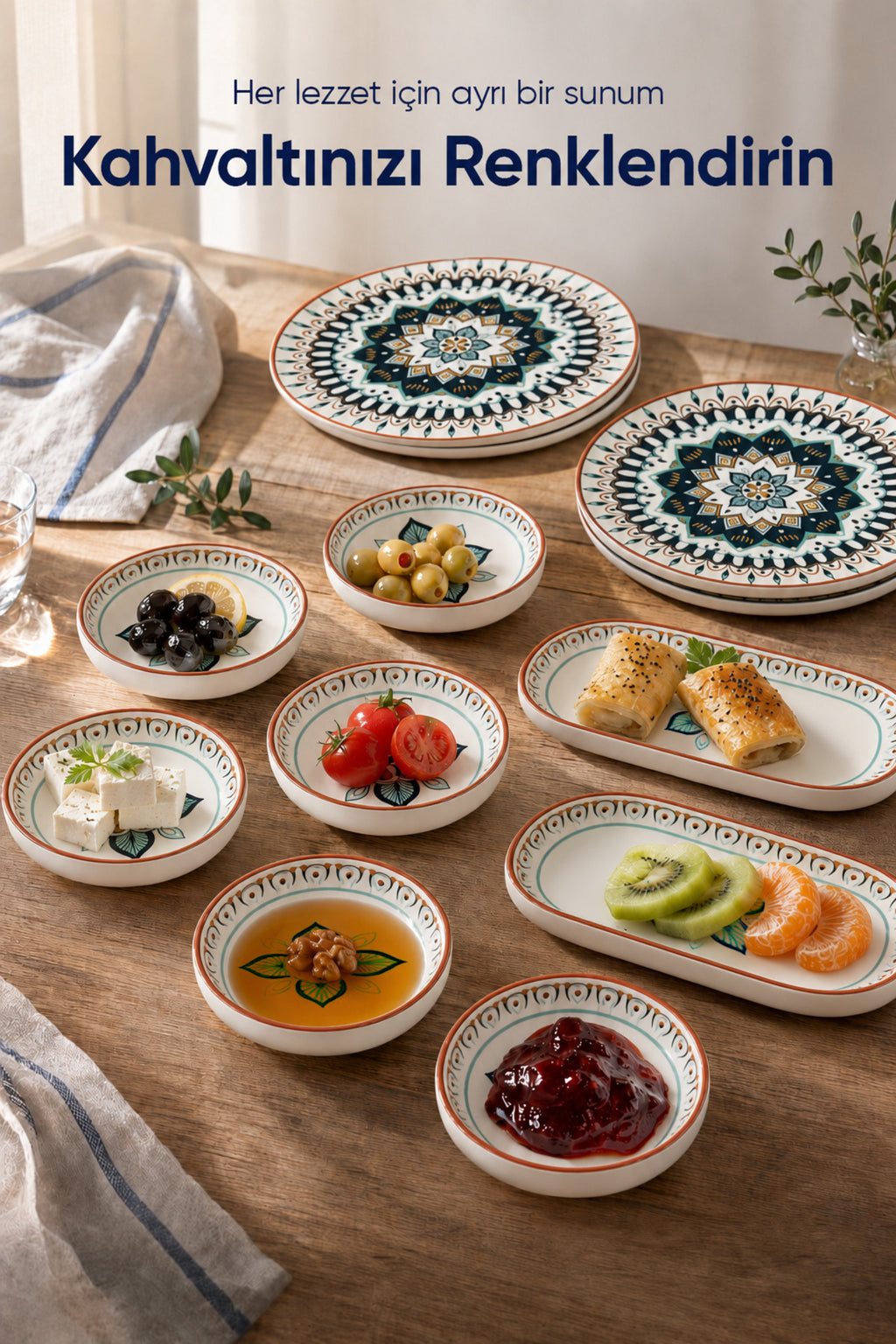 Safir Desenli 14 Parça 6 Kişilik Seramik Kahvaltı Takımı Servis Sunum Tabaklı Dekoratif Sofra Seti