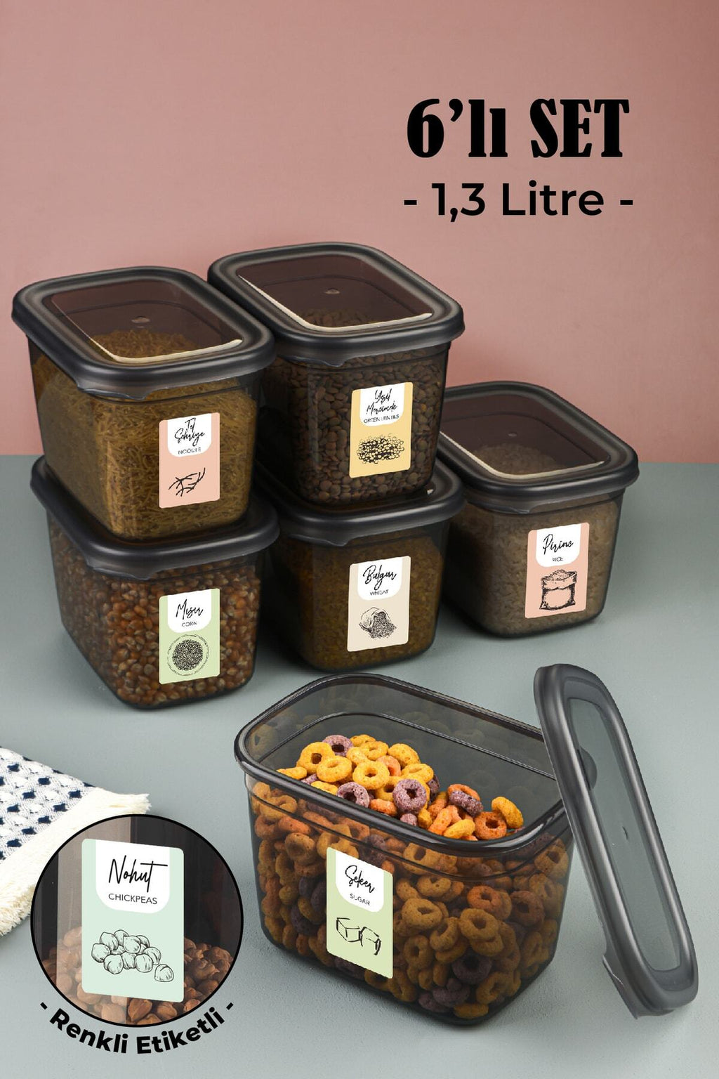 Renkli Etiketli 6lı Set Peggy Dikdörtgen Saklama Kabı 1,3 Litre Antrasit