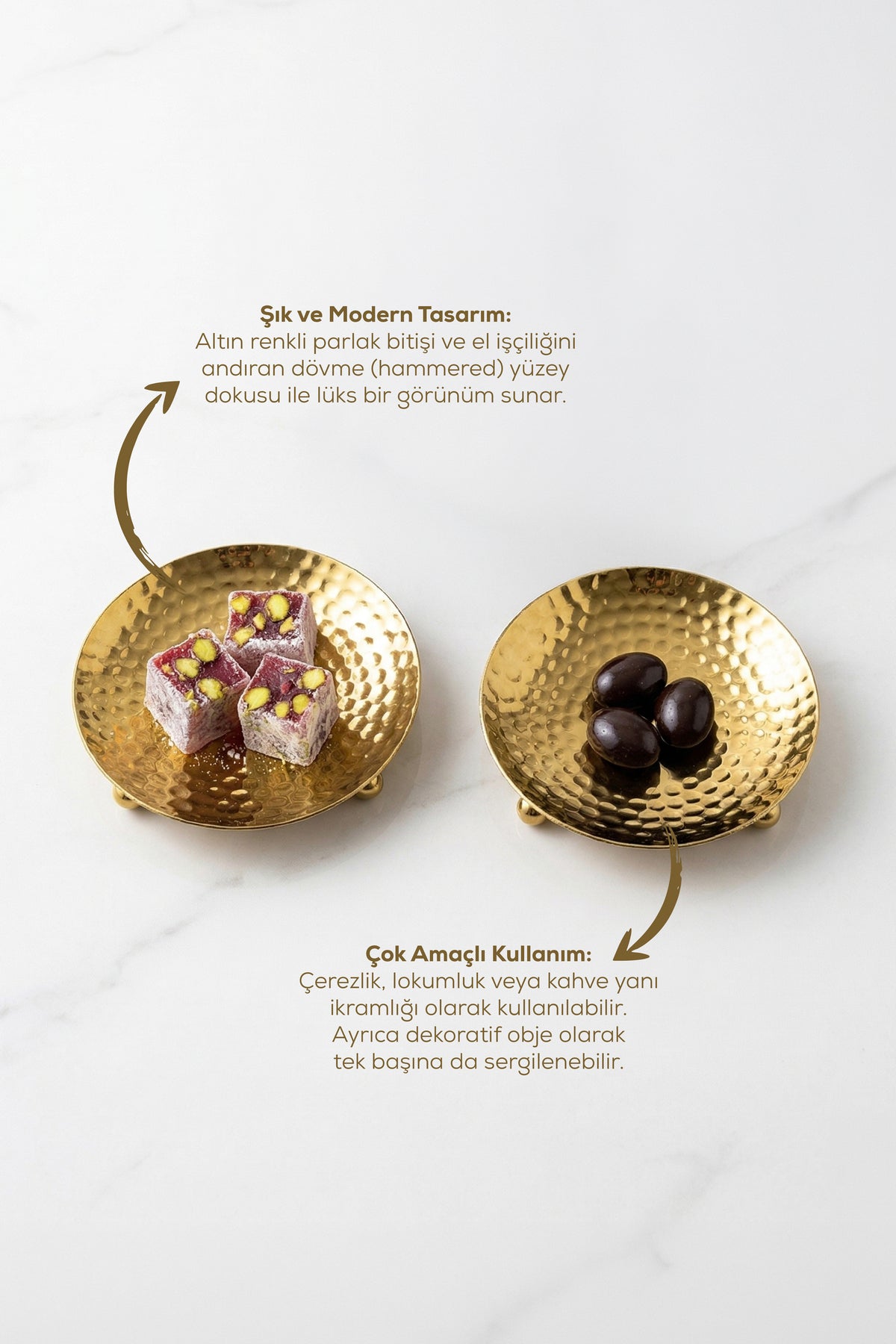 2'li Gold Renk Metal Mini Lokumluk - Dövme Desenli Sunum Tabağı