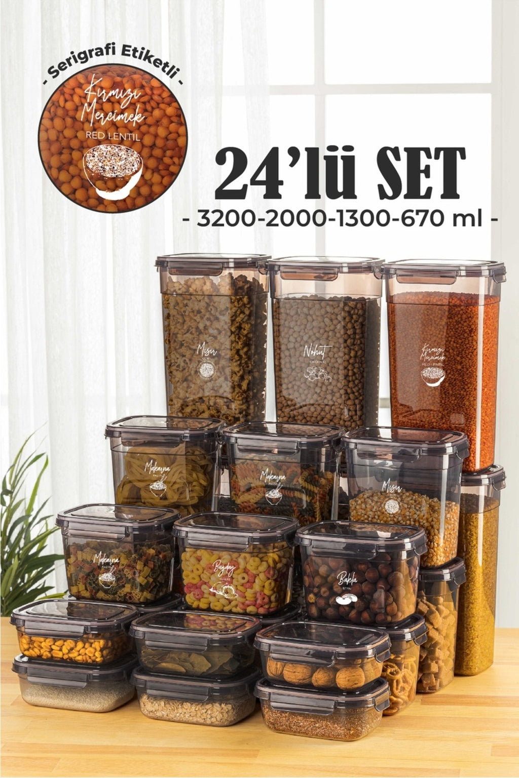 24lü Contalı Dikdörtgen Saklama Kabı Seti 6x(3,2 2 1,3 0,67 Litre) Serigrafi Etiketli