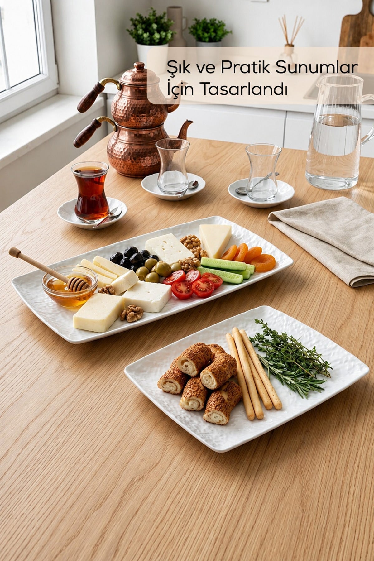 2 'li Melamin Sunum Tabağı Seti, Sunum Tabağı,Servis Tabağı-Desenli Kırılmaz Servis Tabağı- Beyaz
