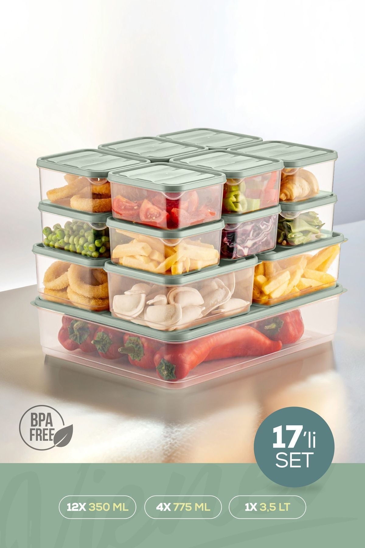 17'li Buzdolabı Düzenleyici Organizer Mikrodalgaya Uygun Difriz Saklama Kabı Mint