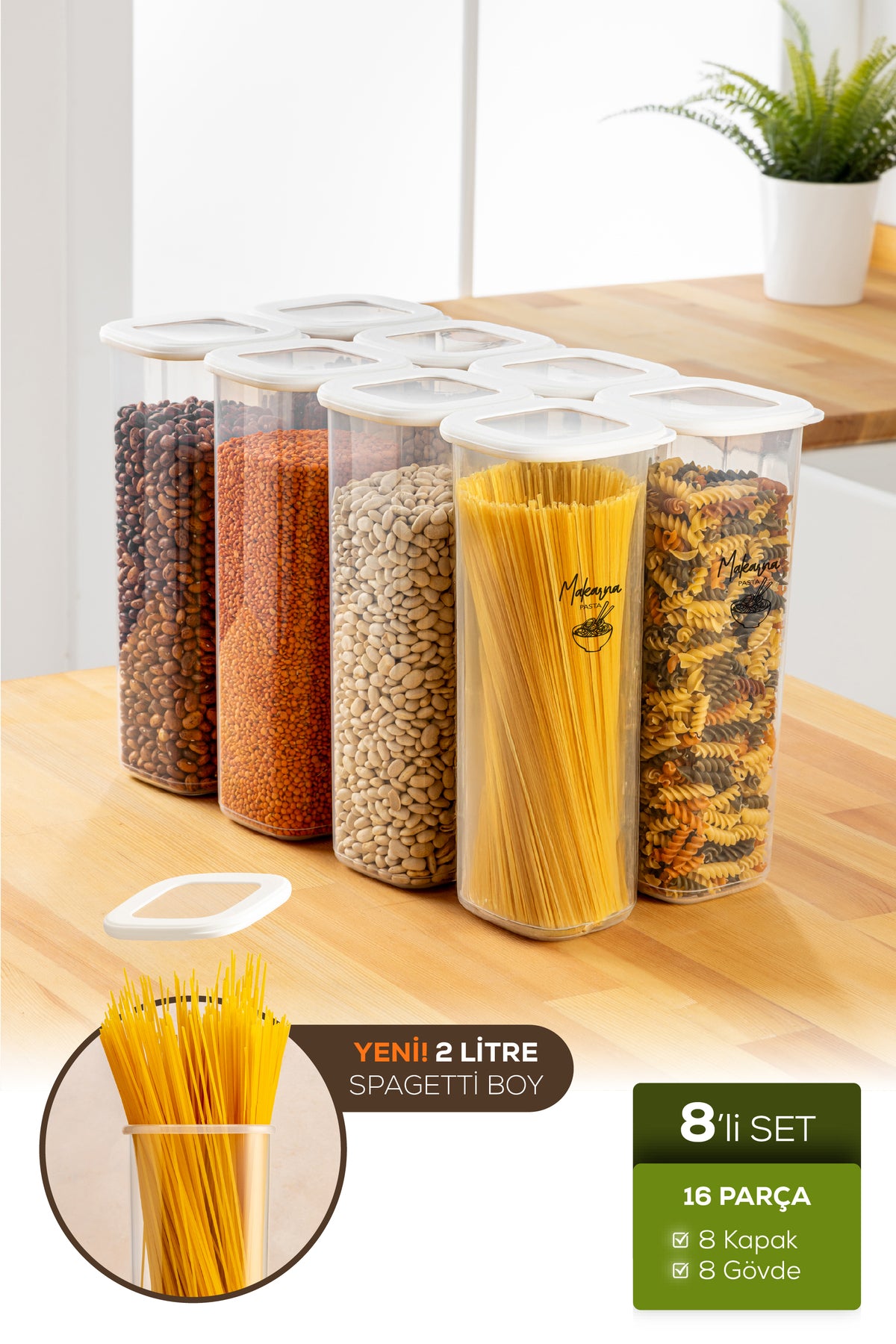 Silikon Kapak 8'li Set 2 Lt Bakliyat Saklama Kabı Etiketli Beyaz