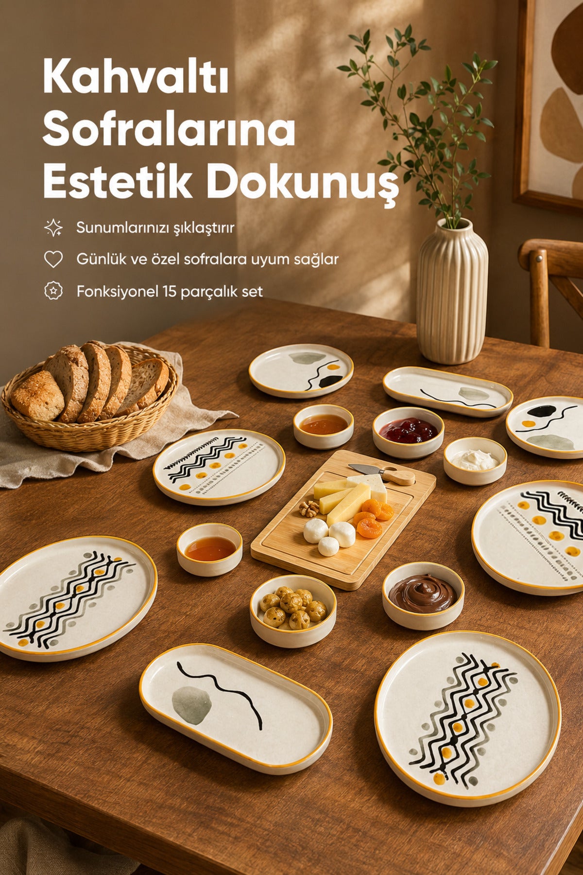 15 Parça Bambu Sunumluklu Axial Kahvaltı Takımı Seti