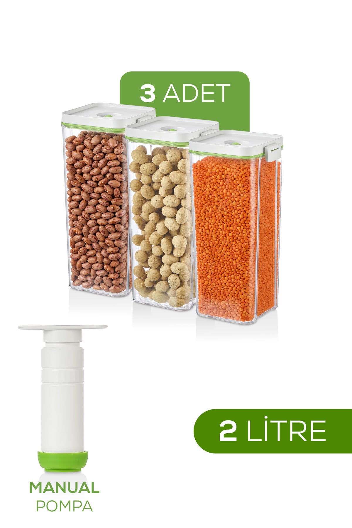 4'lü Vakumlu Saklama Kabı Seti | 3x 2 Litre Kap + Manuel Pompa