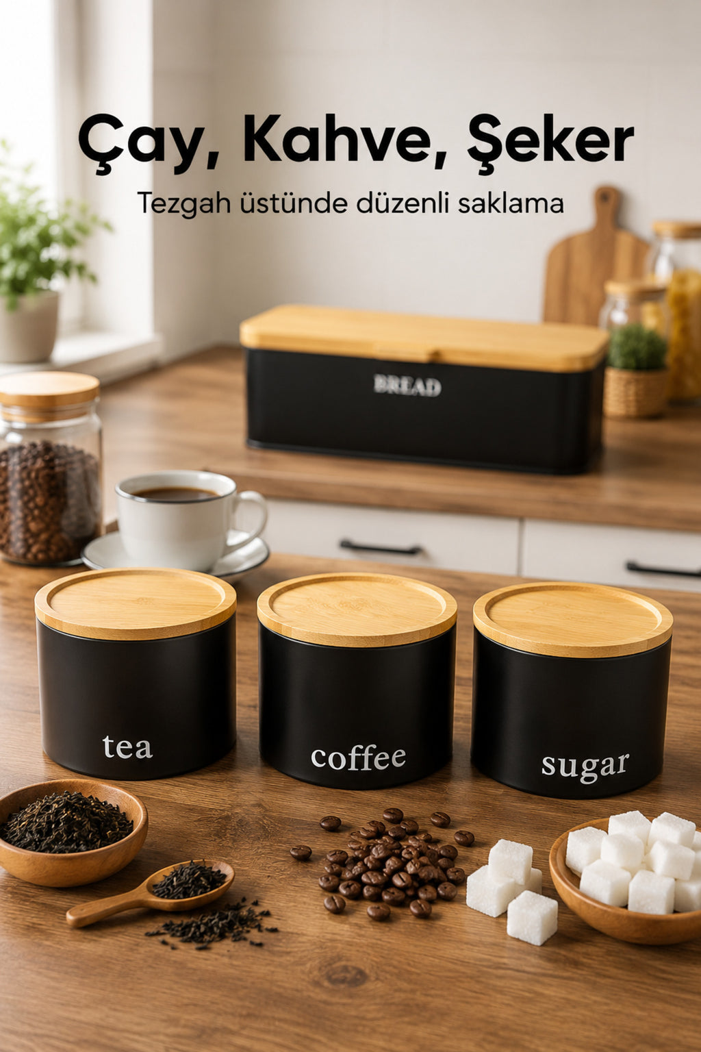 Dikdörtgen Ahşap Kapaklı Metal Ekmek Kutusu Ve 3lü Yuvarlak Çay Kahve Şeker Saklama Kabı Seti Siyah