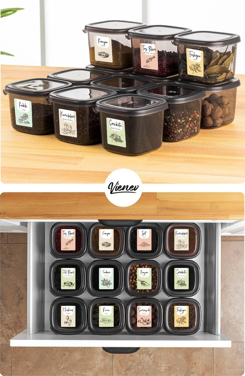 36lı Renkli Etiketli Peggy Kare Erzak Ve Baharat Full Set 8x(1,75, 1,2, 0,55) 12x(0,45) Ant