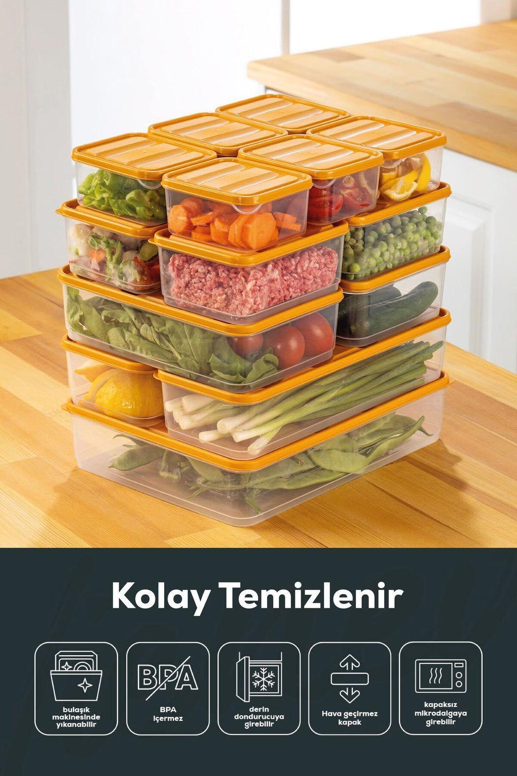 15'li Buzdolabı Düzenleyici Organizer Mikrodalgaya Uygun Difriz Saklama Kabı Turuncu