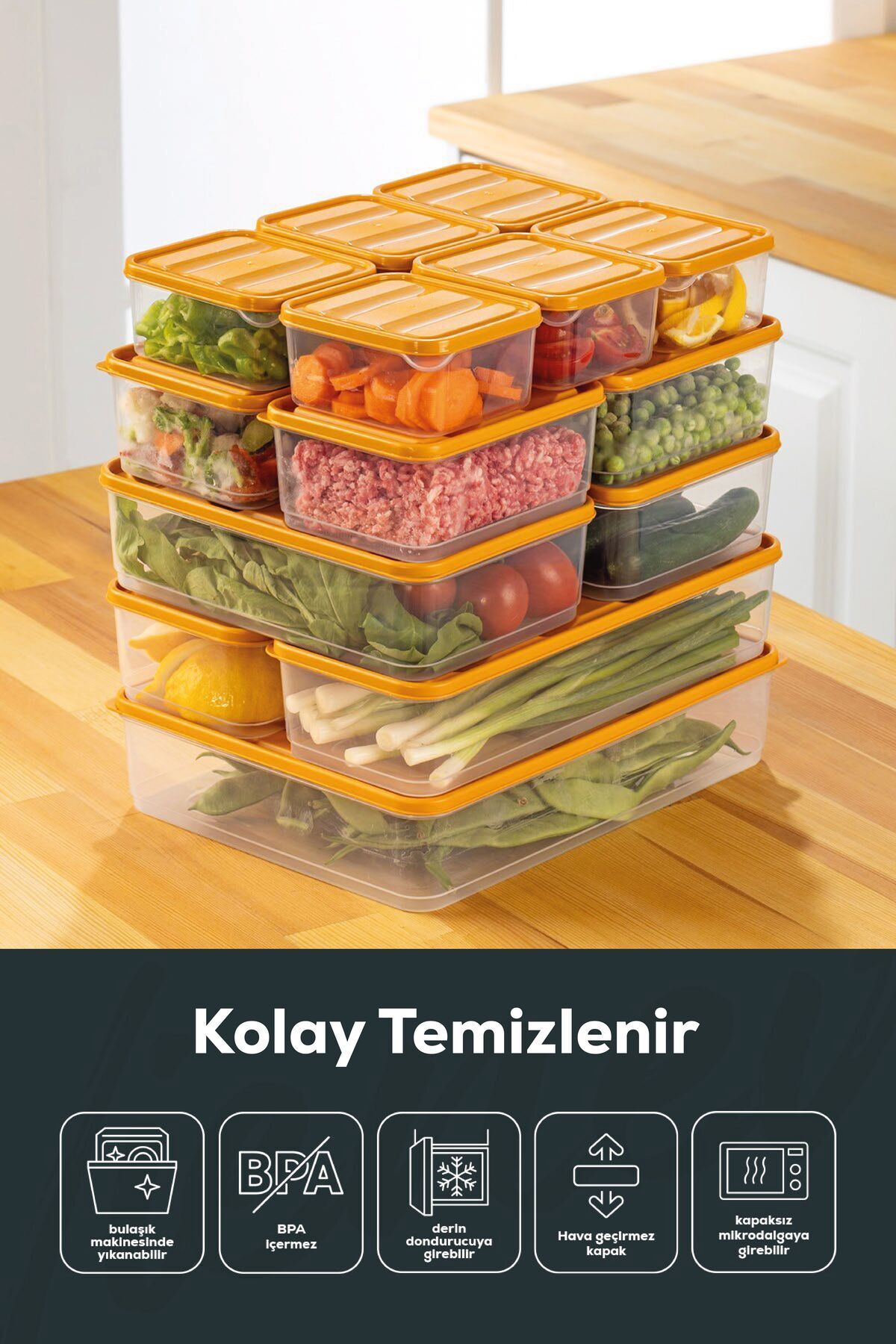 15'li Buzdolabı Düzenleyici Organizer Mikrodalgaya Uygun Difriz Saklama Kabı Turuncu