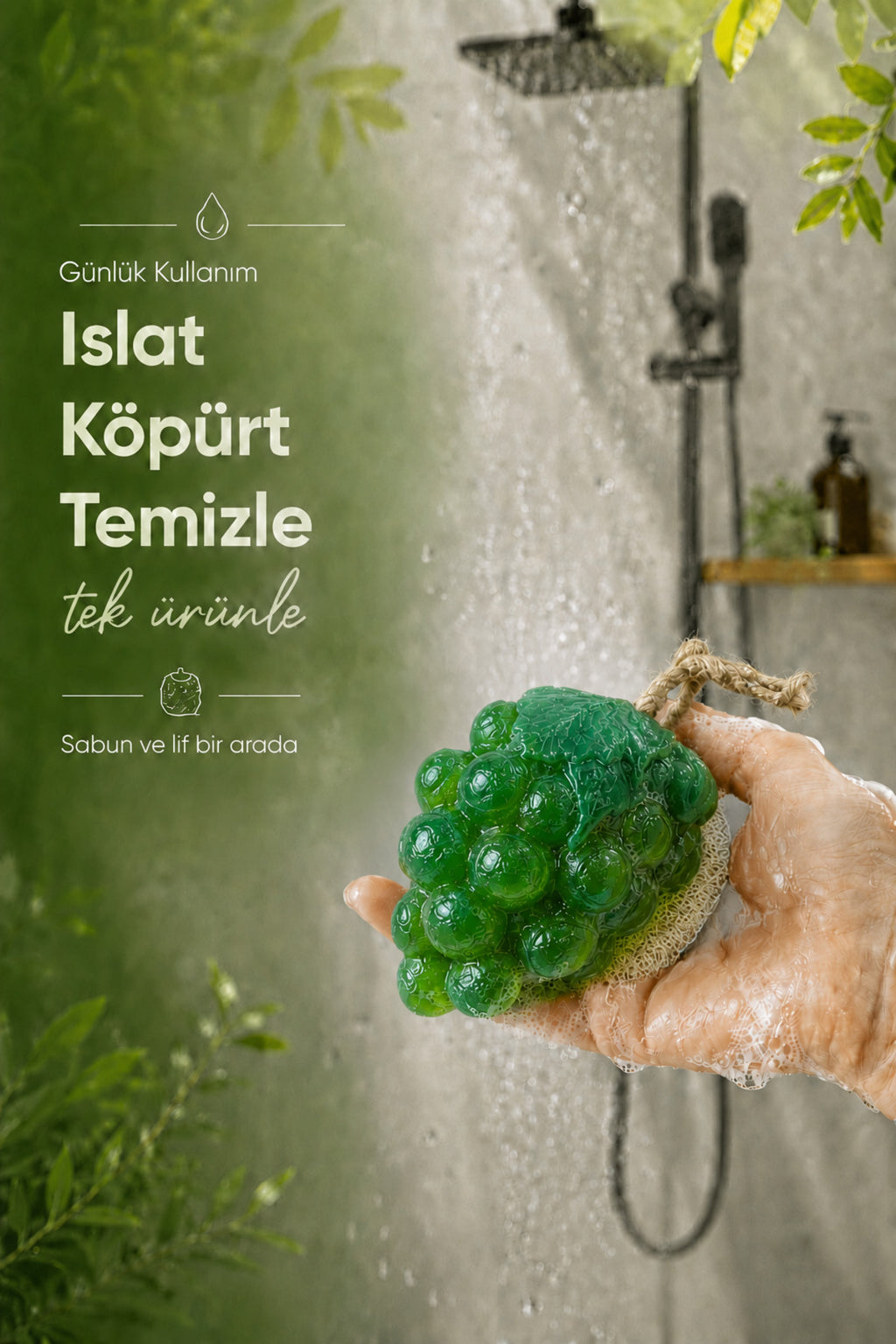 Yeşil Üzüm Şekilli Lifli Katı Sabun 10,5x7x5,2 cm Peeling Etkili Asılabilir Dekoratif Banyo El Sabunu