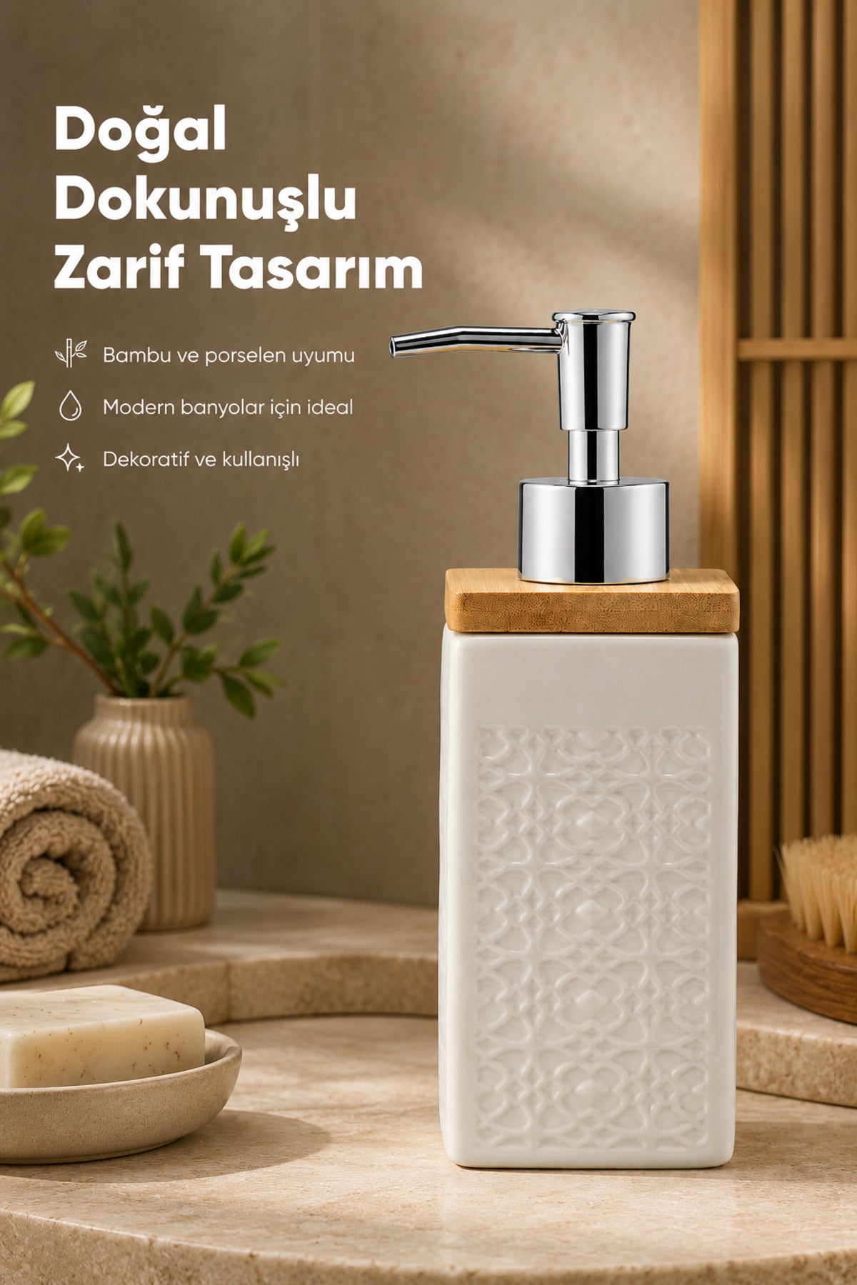 Kabartma Desenli Porselen Sıvı Sabunluk Bambu Kapaklı Kare Model 400 ml Bej