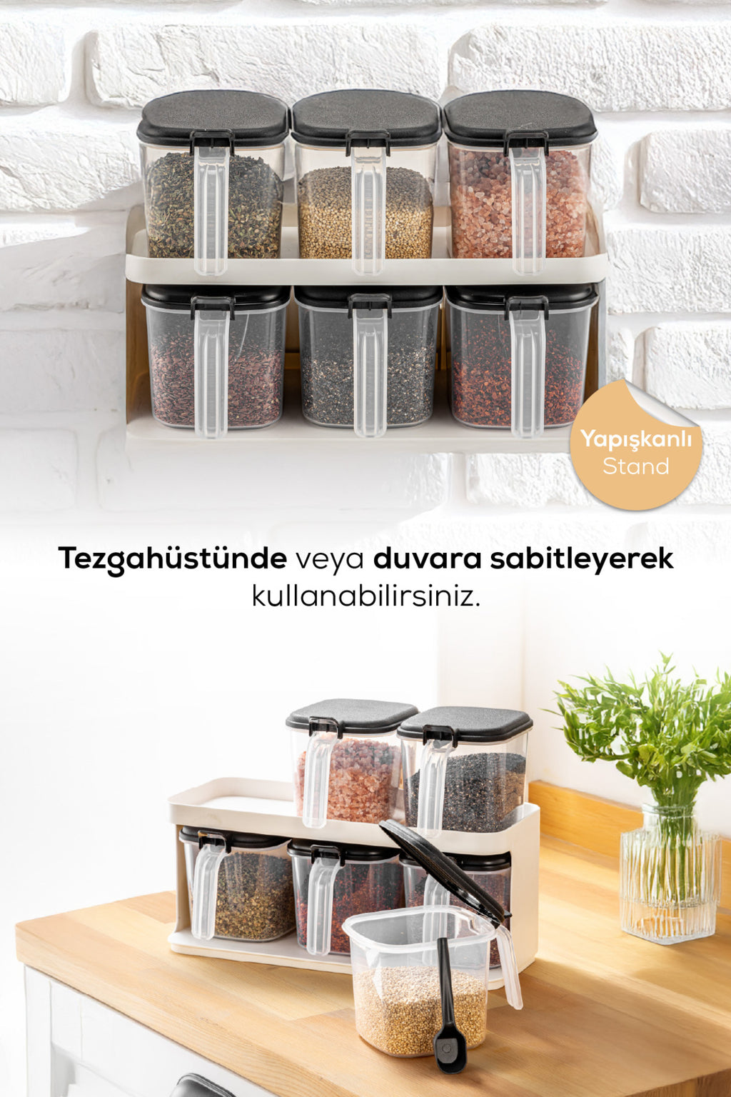 6'lı Beyaz Standlı Kaşıklı Etiketli Kendinden Yapışkanlı Baharatlık Seti Beyaz