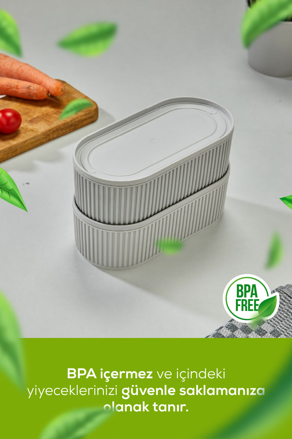 2'li Elastik Bantlı İstiflenebilir Pratik Saklama Kabı Seti 2x(1100 ml) Gri
