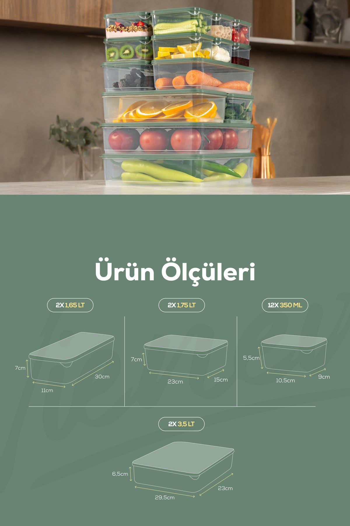 18'li Buzdolabı Dondurucu Organizer Ve Saklama Kabı Yeşil 12x(350ML) 2x(1,65LT) 2x(1,75LT) 2x(3,5LT)