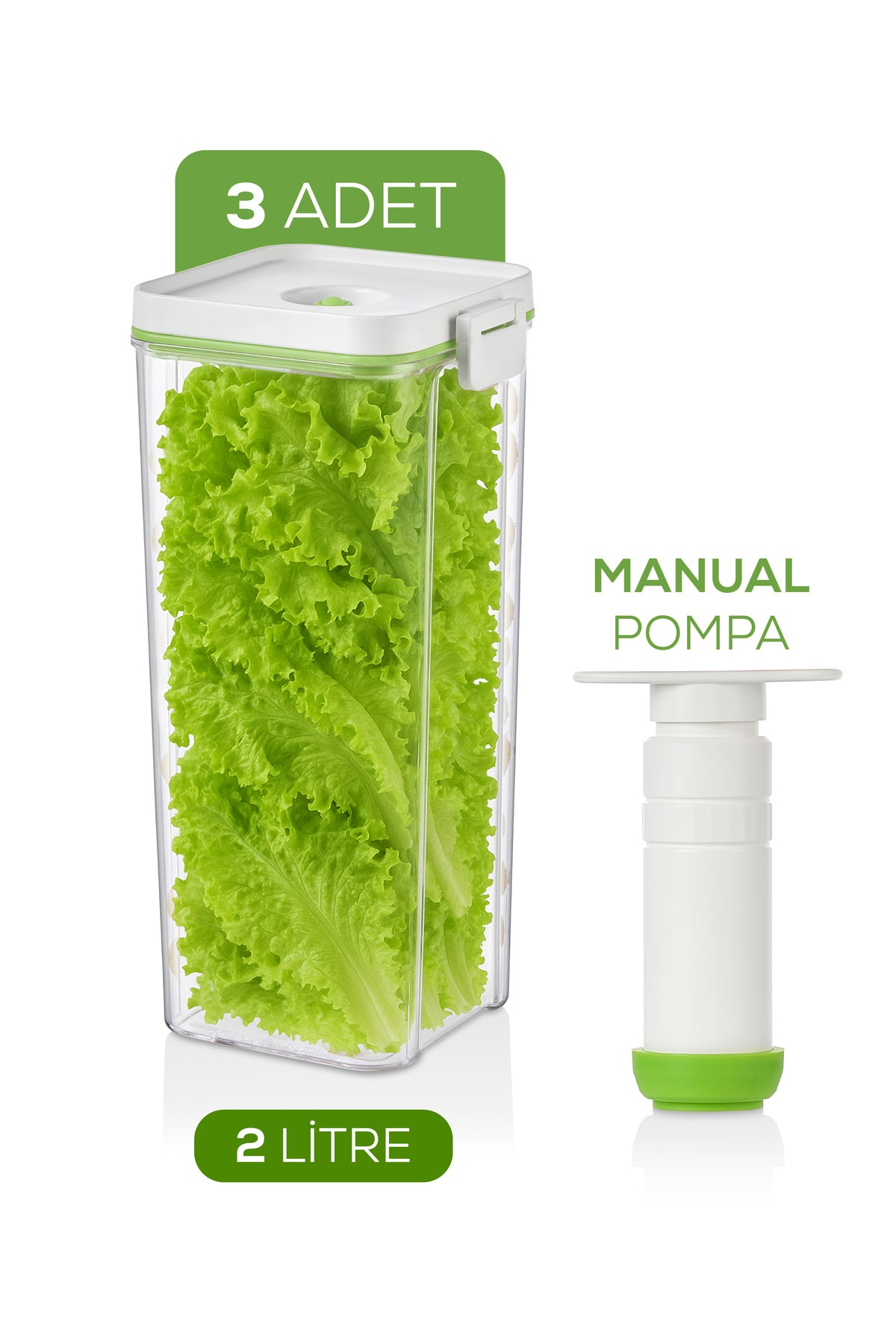 4'lü Vakumlu Saklama Kabı Seti | 3x 2 Litre Kap + Manuel Pompa