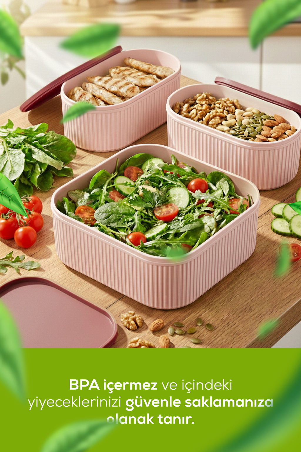 3'lü Elastik Bantlı İstiflenebilir Pratik Saklama Kabı Seti 2x(1100 ml) 1x(2600 ml) Pembe