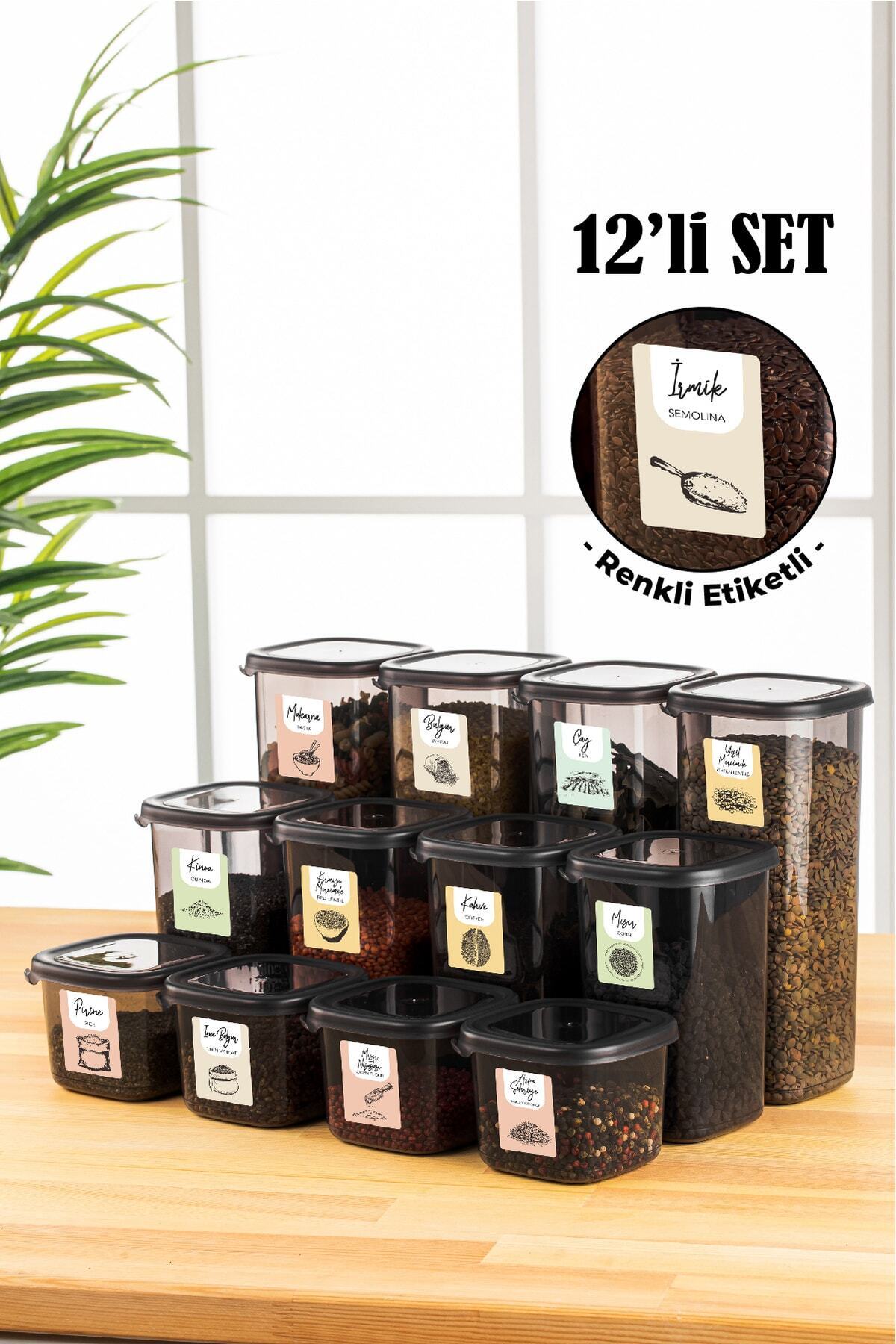 Renkli Etiketli 12'li Peggy Kare Erzak Saklama Kabı 4x(0,55 LİTRE, 1,2 LİTRE, 1,75 LİTRE) Antrasit